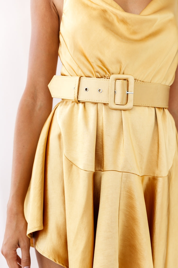 Agent 99 Belted Satin Cowl Neck Dress Mustard by Selfie Leslie