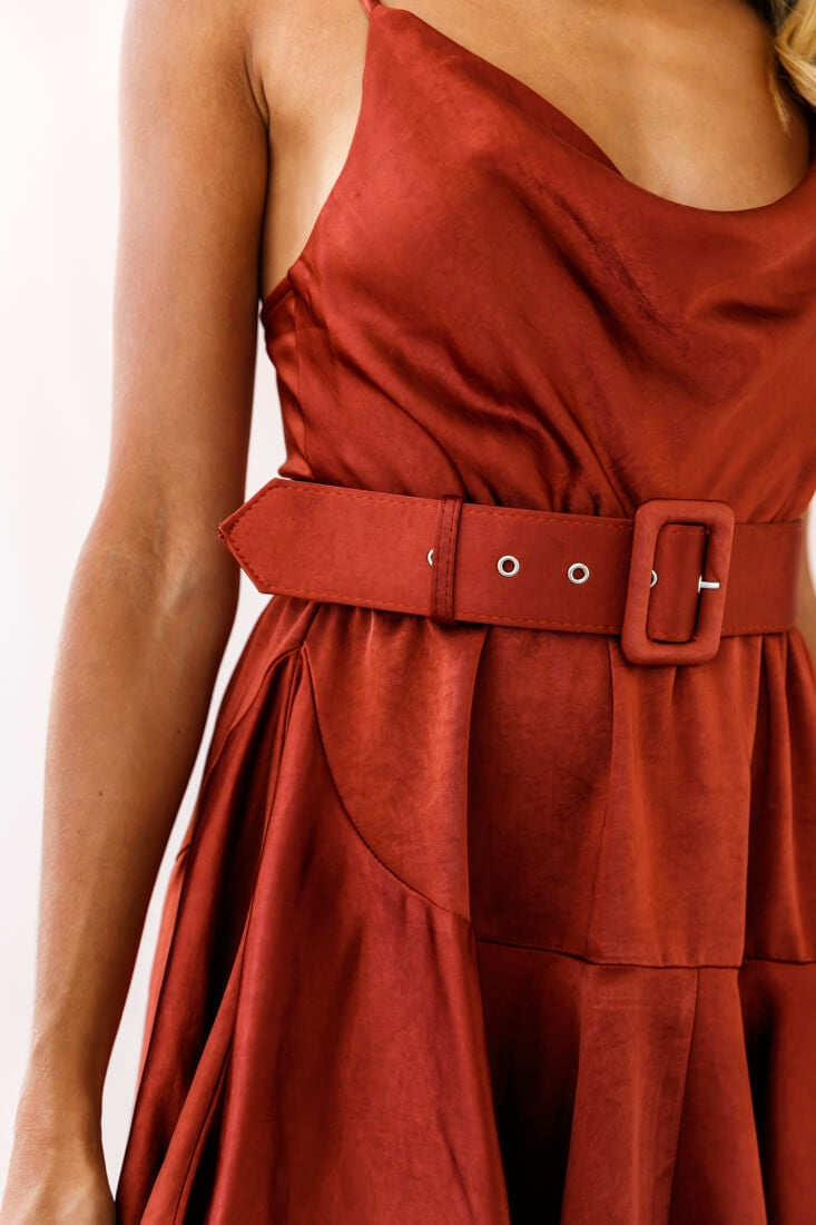 Agent 99 Belted Satin Cowl Neck Dress Brown by Selfie Leslie