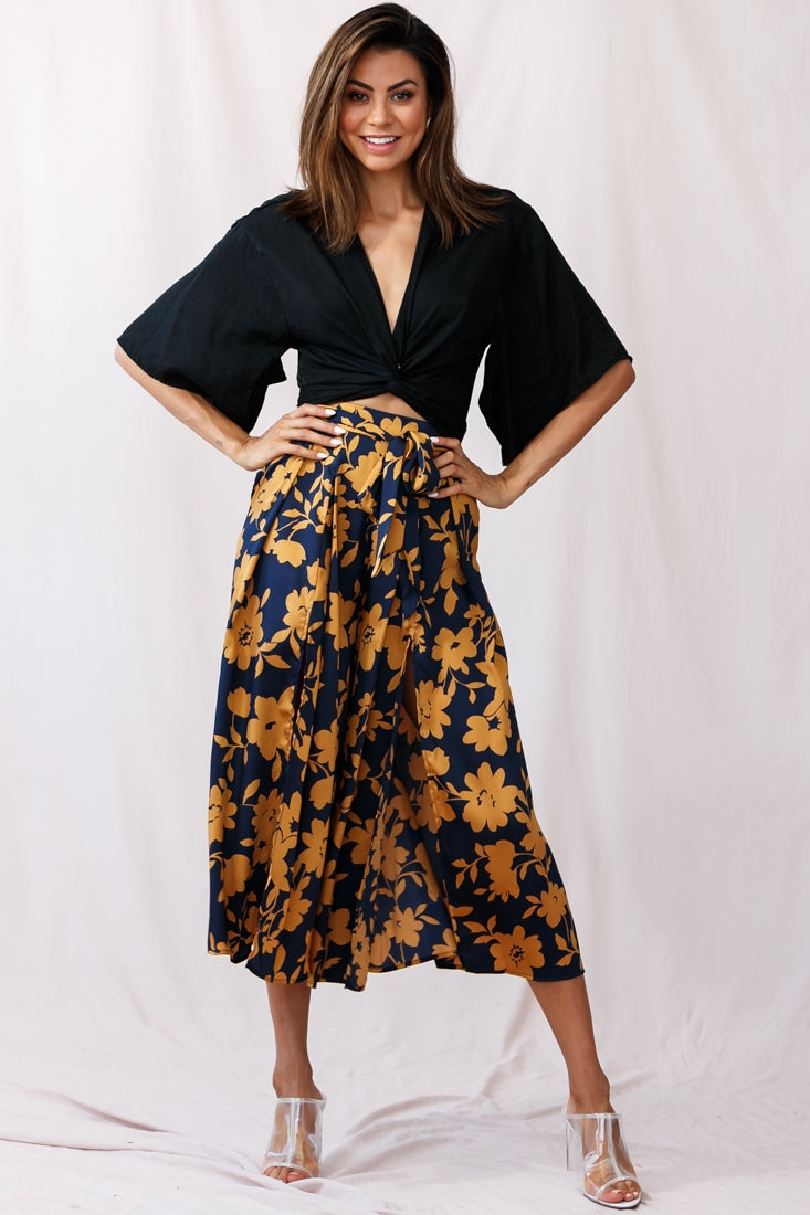 Danika Front Split Midi Culotte Pants Navy/Mustard by Selfie Leslie