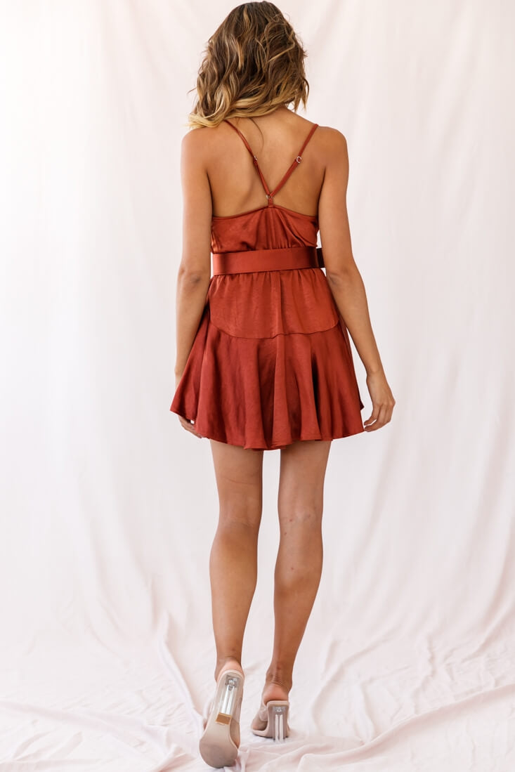 Agent 99 Belted Satin Cowl Neck Dress Brown by Selfie Leslie