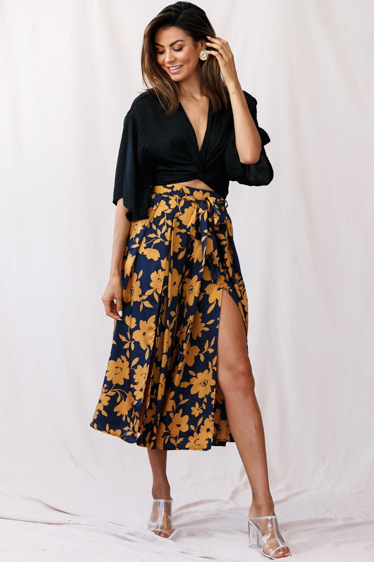 Danika Front Split Midi Culotte Pants Navy/Mustard by Selfie Leslie