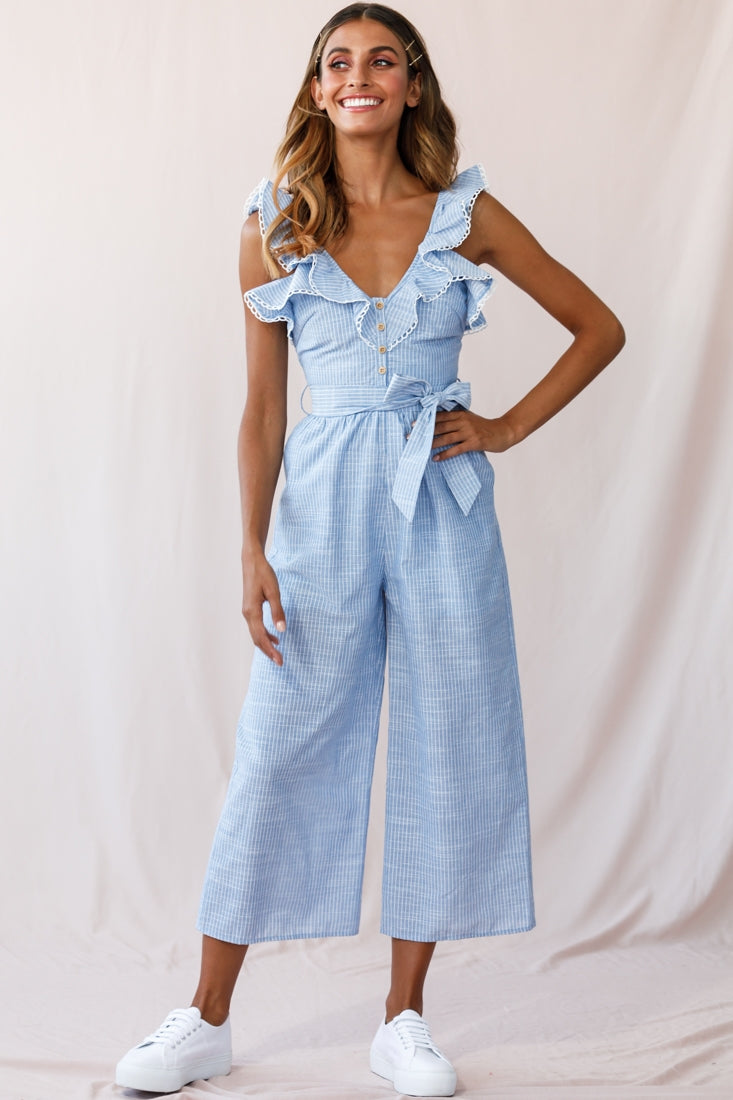 Danube Belted Waist Pinstripe Jumpsuit Blue by Selfie Leslie