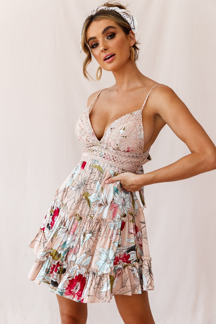 Sanctuary Appliqué Bust Tie-Knot Back Dress Floral Print Beige by Selfie Leslie