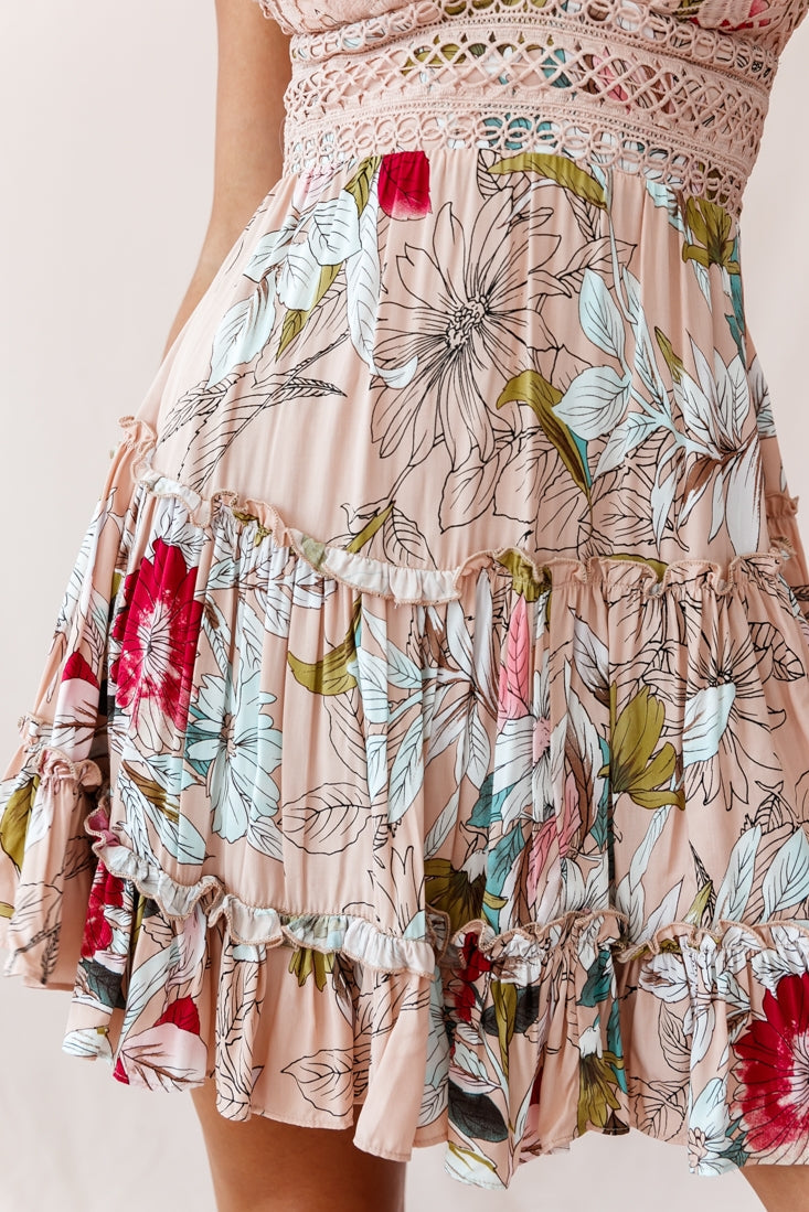 Sanctuary Appliqué Bust Tie-Knot Back Dress Floral Print Beige by Selfie Leslie