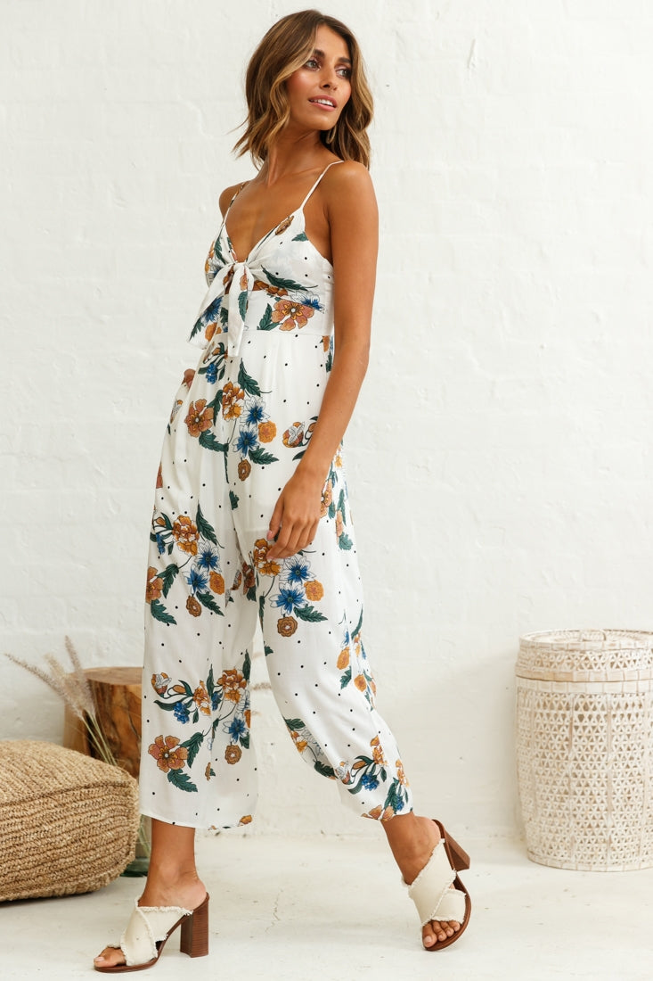 Call Me Wide-Leg Tied Bust Jumpsuit Floral Print White by Selfie Leslie