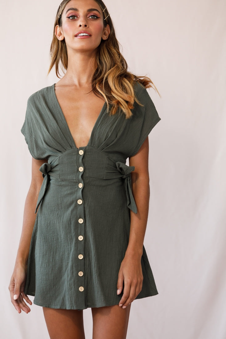 Dara Button Accent Dress Green Khaki by Selfie Leslie