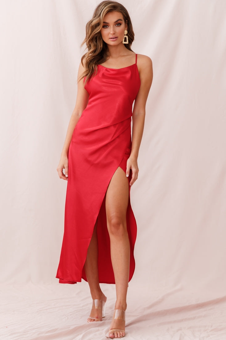 Hey Girl Long Satin Cowl Neck Dress Red by Selfie Leslie