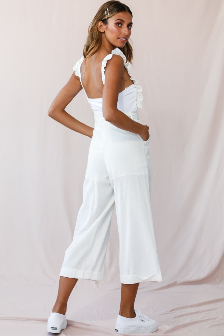 Serenade Ruffle Strap Pinafore Jumpsuit White by Selfie Leslie