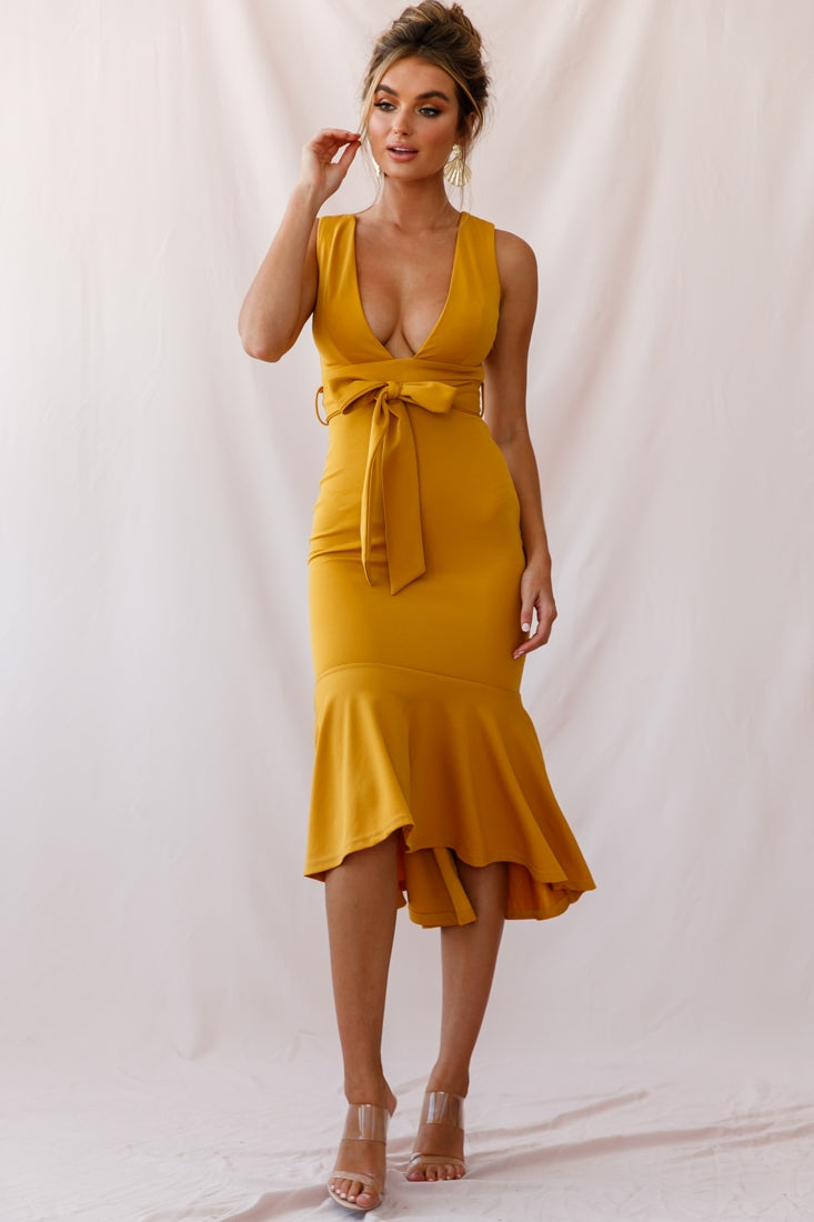 Sorry Not Sorry Wide Strap Flounce Dress Mustard by Selfie Leslie