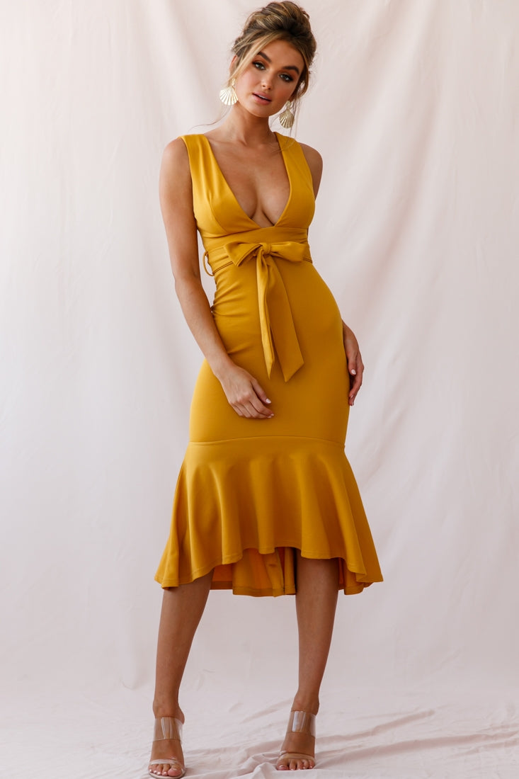 Sorry Not Sorry Wide Strap Flounce Dress Mustard by Selfie Leslie