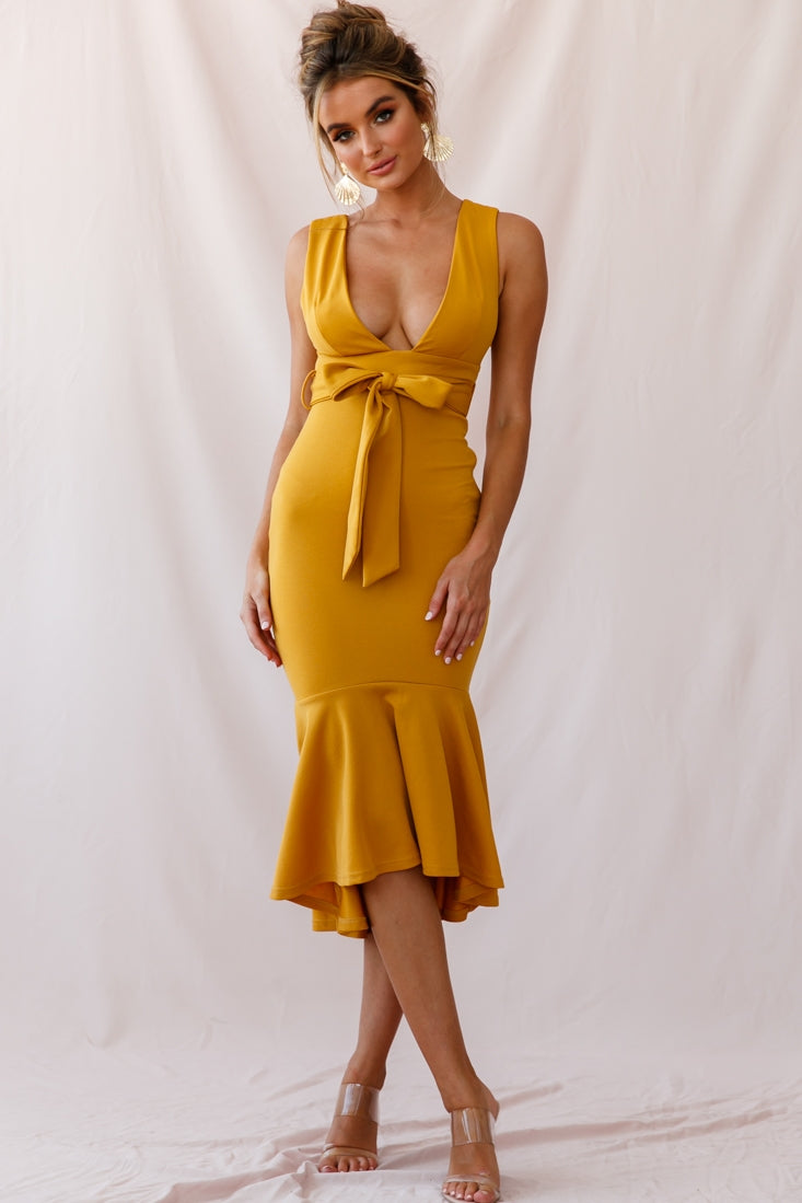 Sorry Not Sorry Wide Strap Flounce Dress Mustard by Selfie Leslie