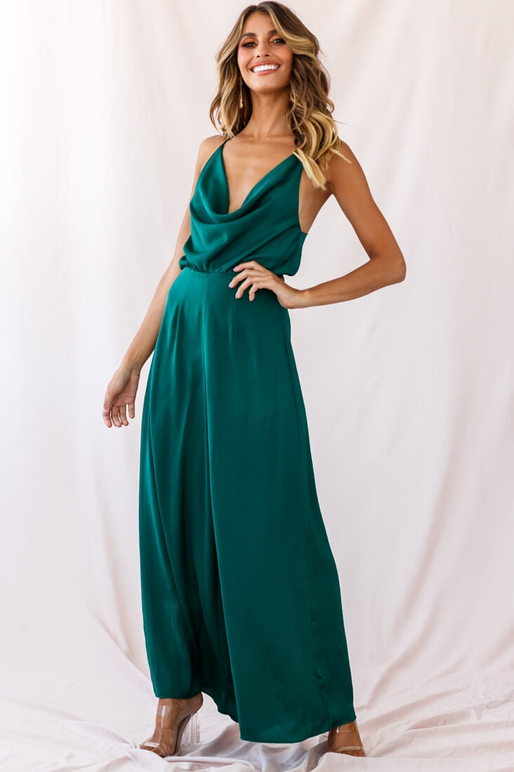 Jaclyn Wide-Leg Cowl Neck Jumpsuit Forest Green by Selfie Leslie