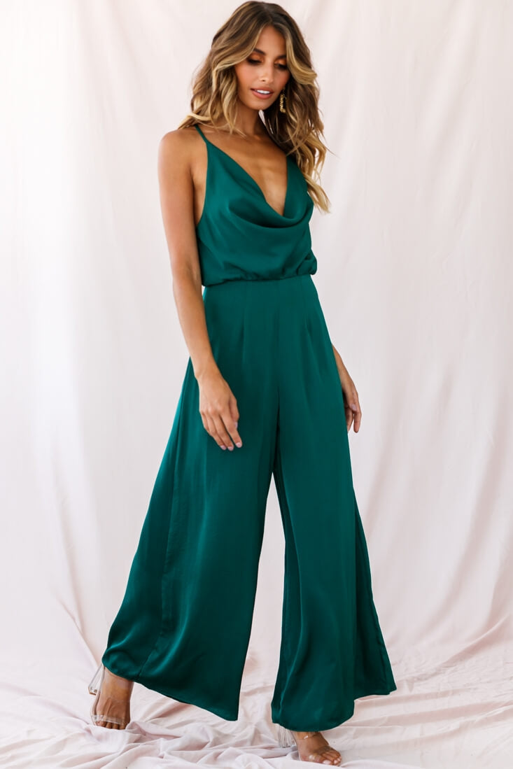 Jaclyn Wide-Leg Cowl Neck Jumpsuit Forest Green by Selfie Leslie