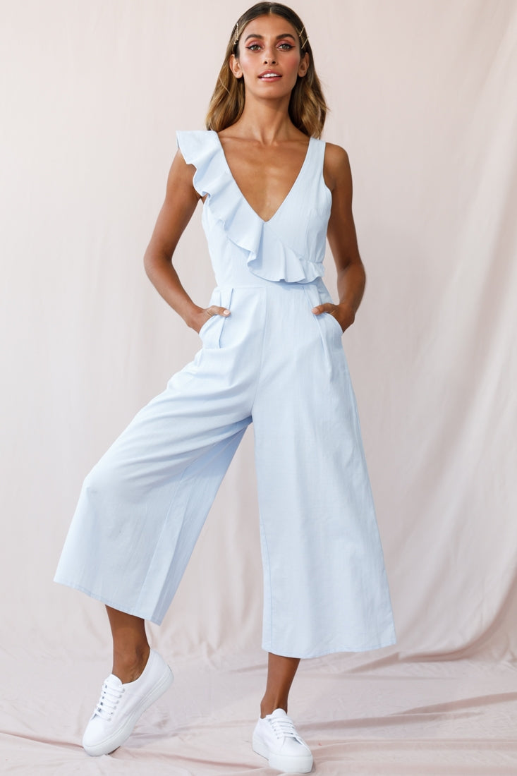 Cheryl Ruffle Strap Wide Leg Jumpsuit Steel Blue by Selfie Leslie