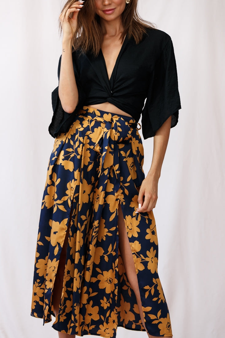 Rivera Deep V Waist Tie Top Black by Selfie Leslie