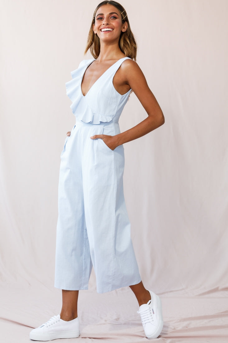 Cheryl Ruffle Strap Wide Leg Jumpsuit Steel Blue by Selfie Leslie