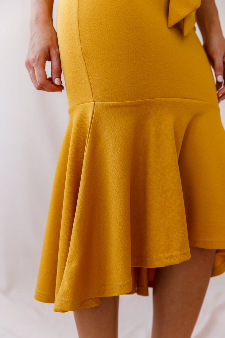 Sorry Not Sorry Wide Strap Flounce Dress Mustard by Selfie Leslie