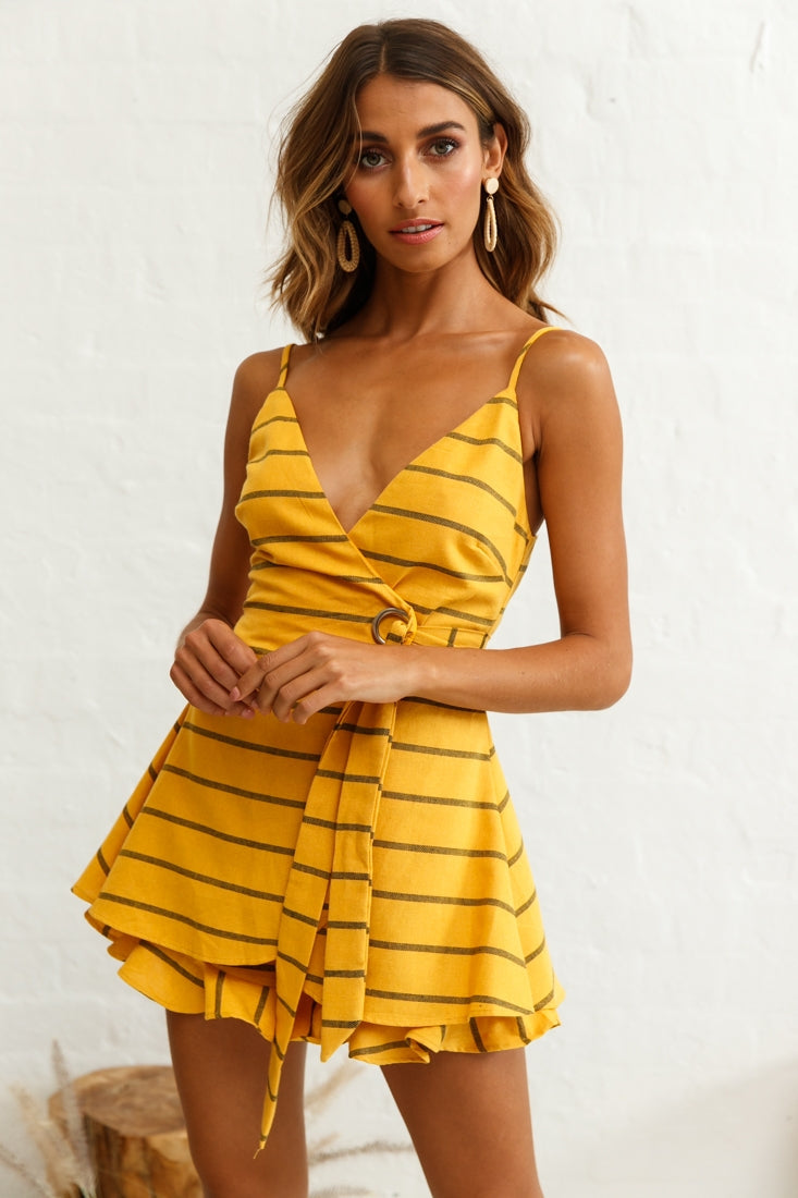 Libra Crossover Wrap Romper Stripe Print Mustard by Selfie Leslie