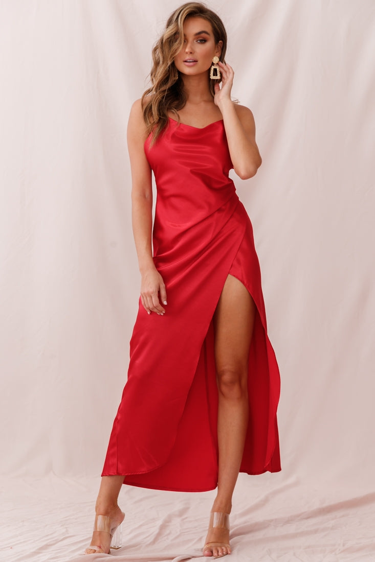 Hey Girl Long Satin Cowl Neck Dress Red by Selfie Leslie