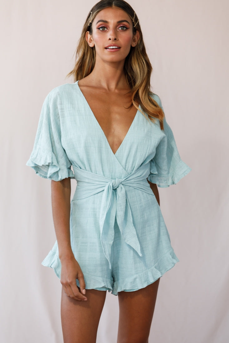 Karin Frill Trim Waist Tie Romper Sage by Selfie Leslie