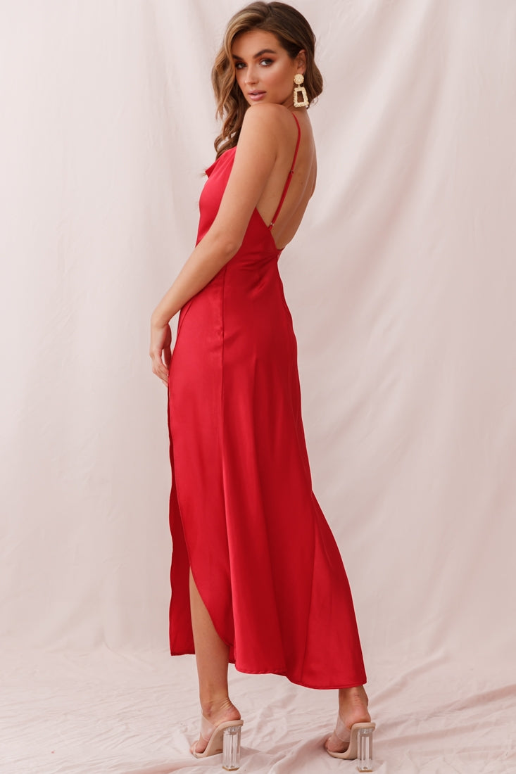 Hey Girl Long Satin Cowl Neck Dress Red by Selfie Leslie
