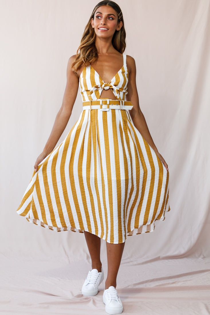 Crystal Tied Knot Belt Midi Dress Mustard by Selfie Leslie
