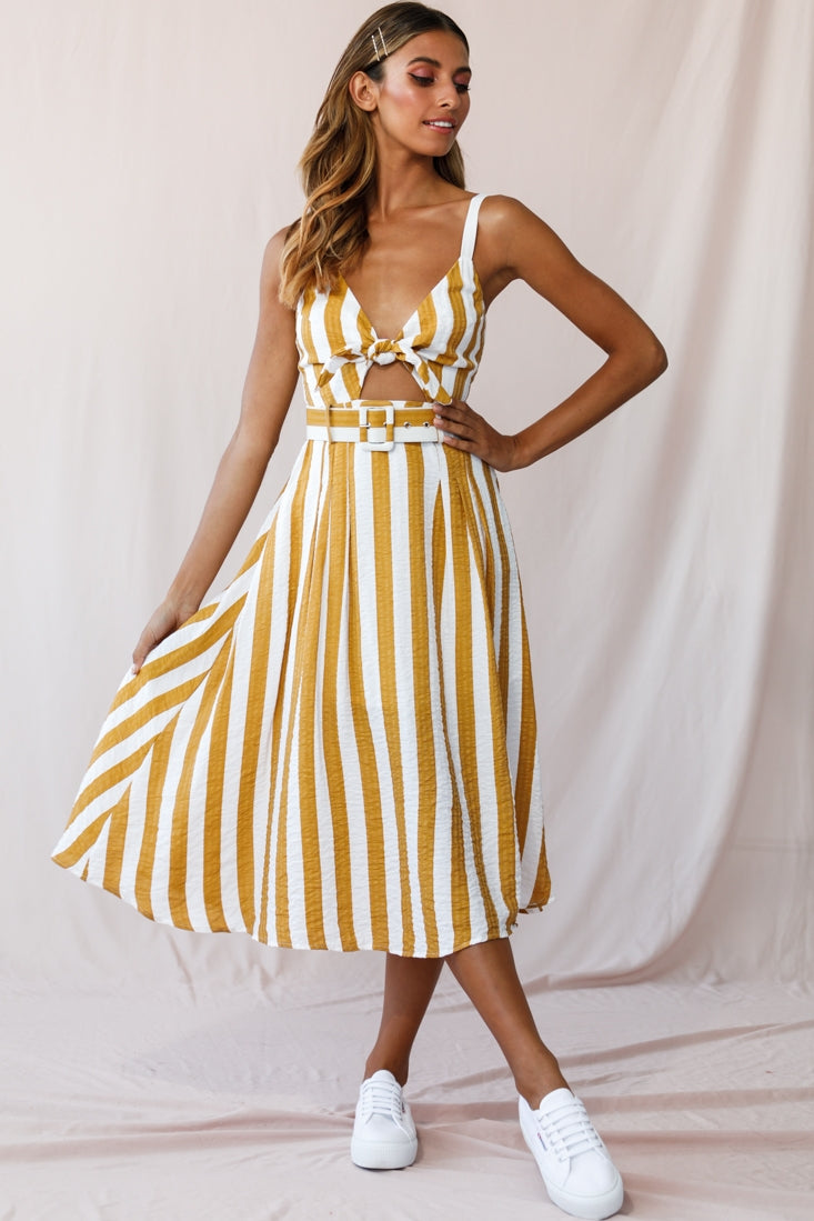 Crystal Tied Knot Belt Midi Dress Mustard by Selfie Leslie
