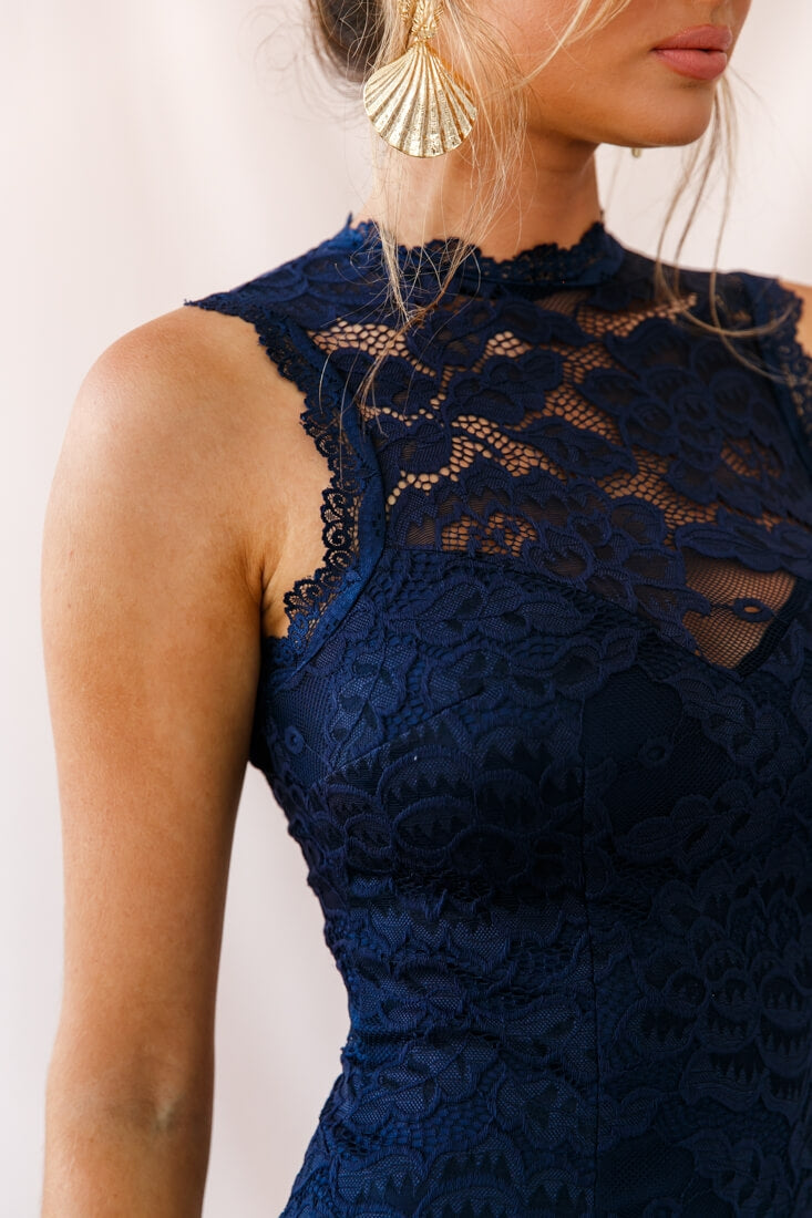 Canyon Floral Overlay Keyhole Back Dress Navy by Selfie Leslie
