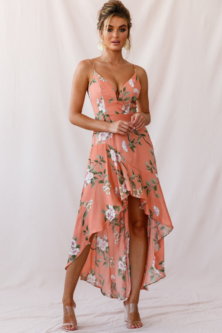 Imelda V-Neckline High-Low Hem Dress Peach by Selfie Leslie