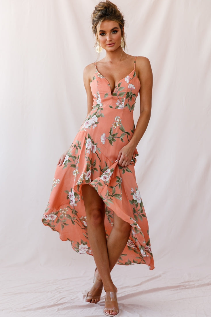 Imelda V-Neckline High-Low Hem Dress Peach by Selfie Leslie