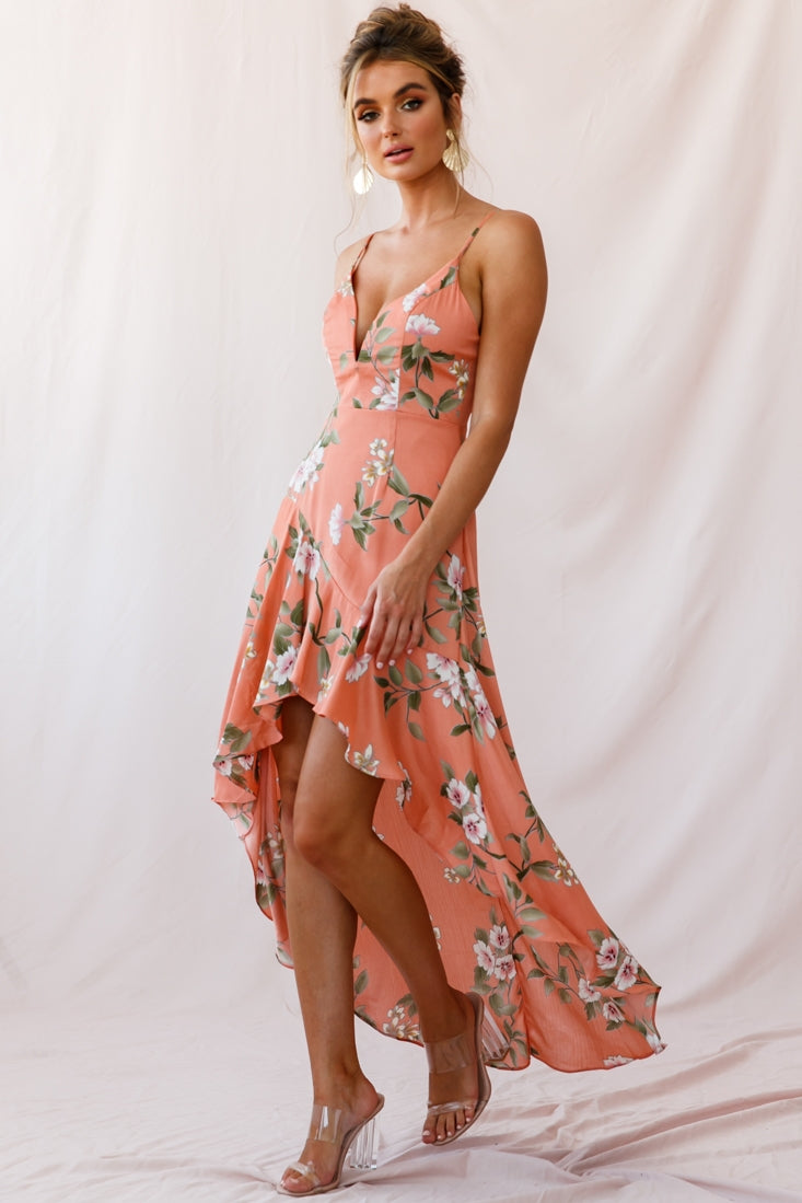 Imelda V-Neckline High-Low Hem Dress Peach by Selfie Leslie
