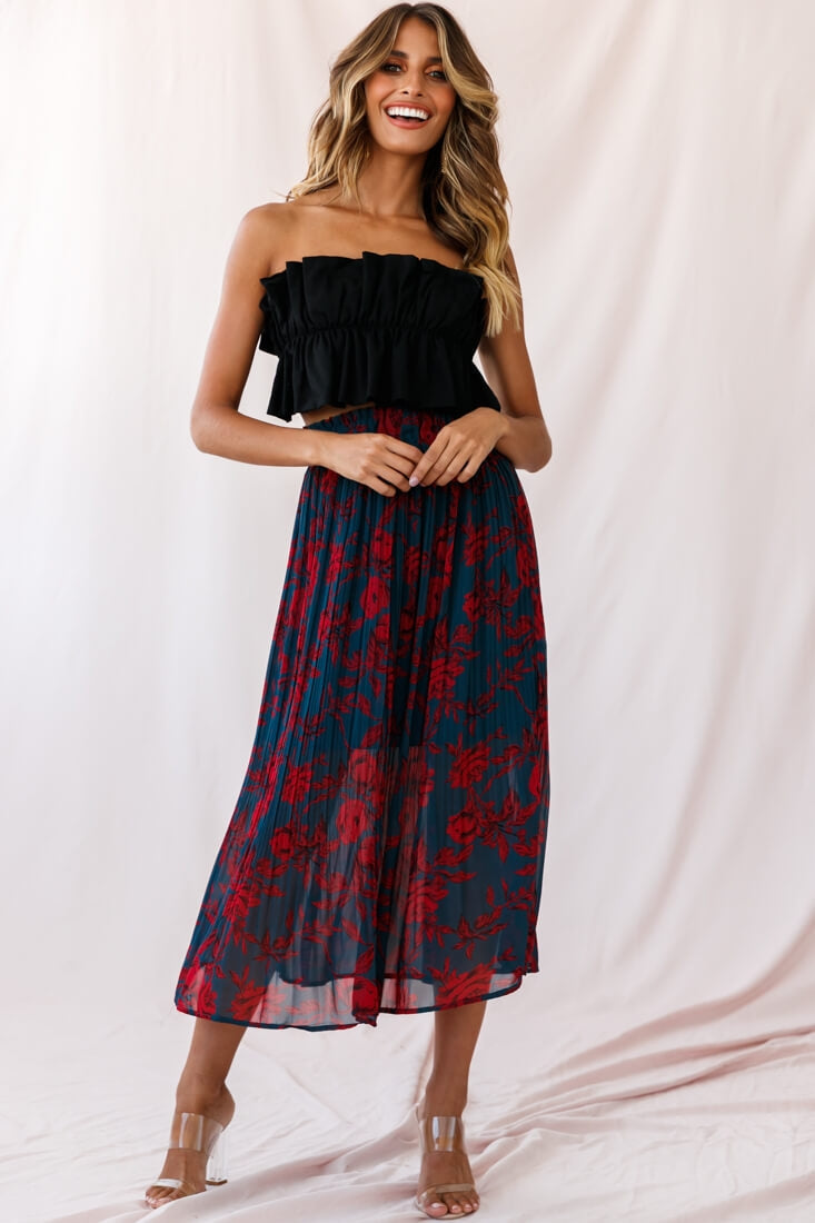 Caroline Accordion Pleat Midi Skirt Forest Green/Red by Selfie Leslie