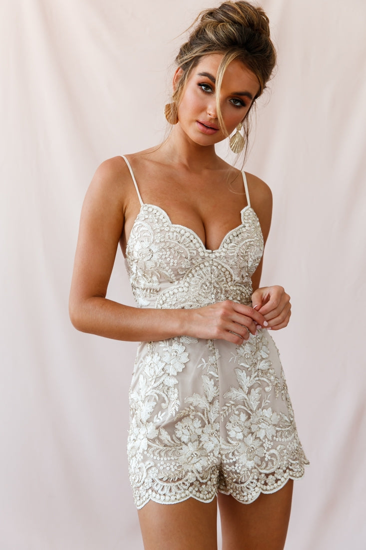 Delilah Embroidered Scalloped Hem Romper Beige by Selfie Leslie
