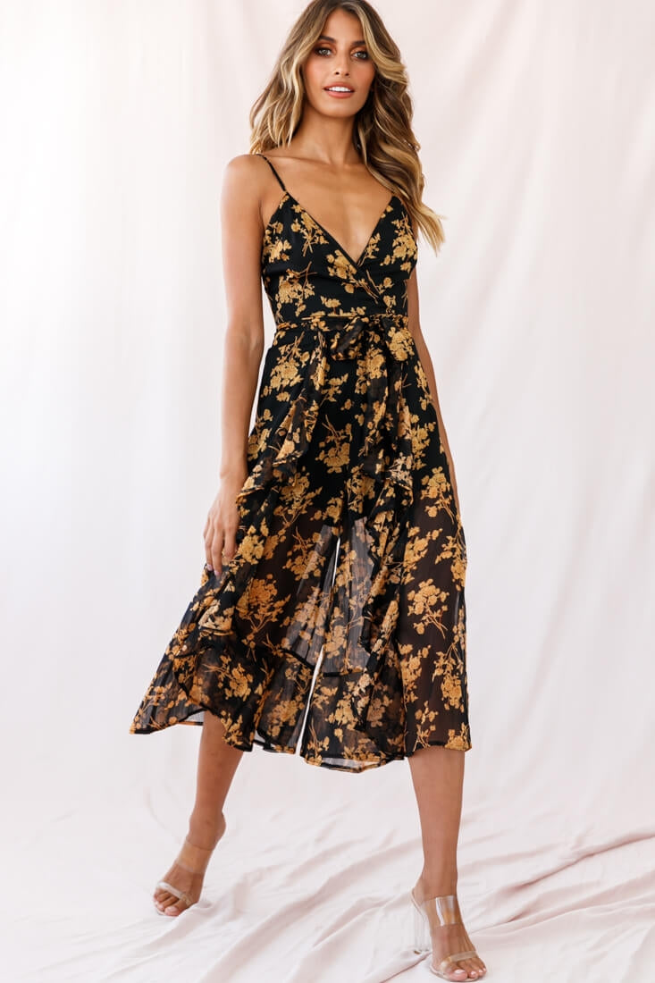 Constance Thin Strap Midi Jumpsuit Black/Orange Flower by Selfie Leslie