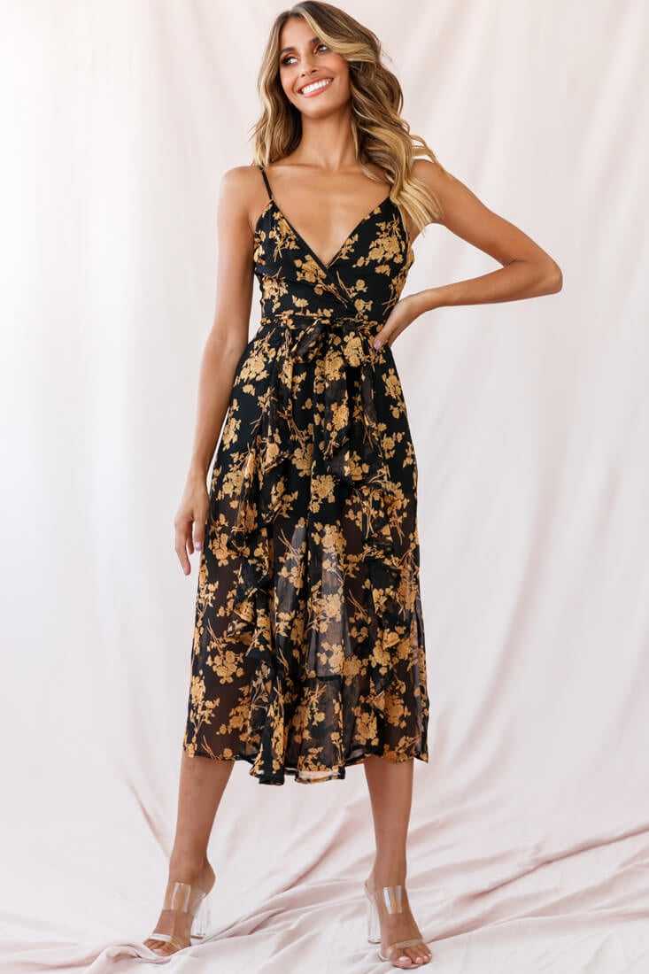 Constance Thin Strap Midi Jumpsuit Black/Orange Flower by Selfie Leslie