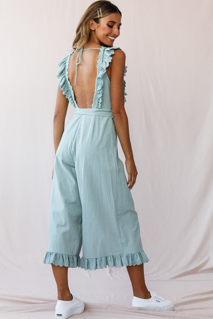 Meadow Ruffle Strap Open Back Midi Jumpsuit Sage by Selfie Leslie