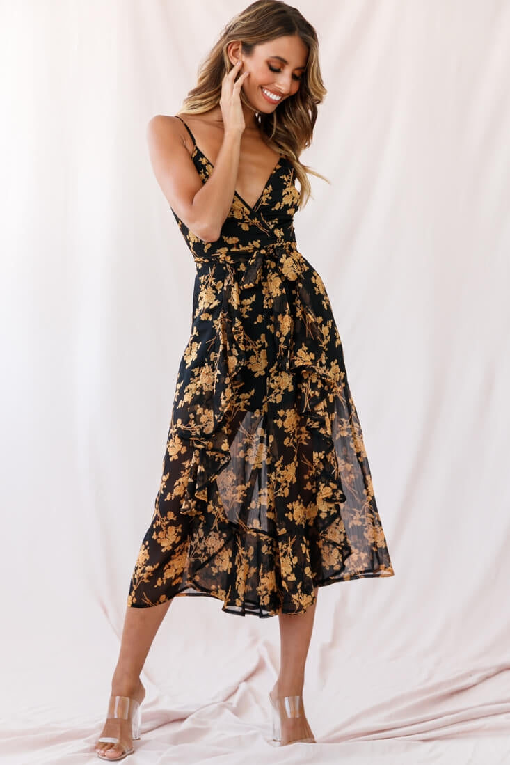 Constance Thin Strap Midi Jumpsuit Black/Orange Flower by Selfie Leslie