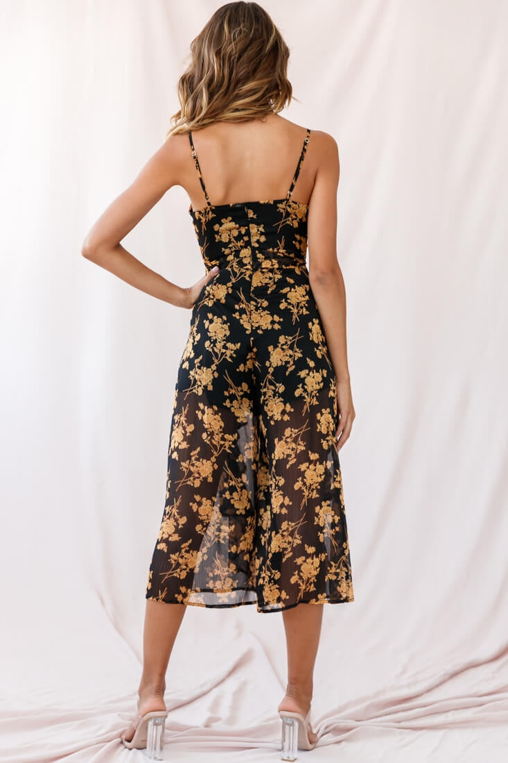 Constance Thin Strap Midi Jumpsuit Black/Orange Flower by Selfie Leslie