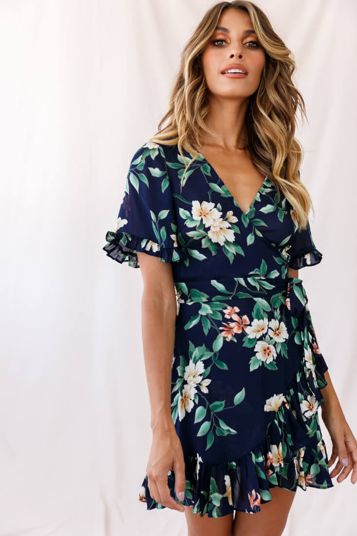 Omara Floral Wrap Ruffle Trim Dress Navy by Selfie Leslie