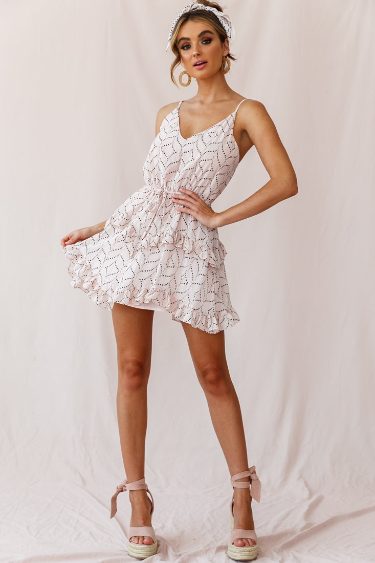 Provence Frill Trim Drawstring Waist Dress Polka Dot Print Blush by Selfie Leslie