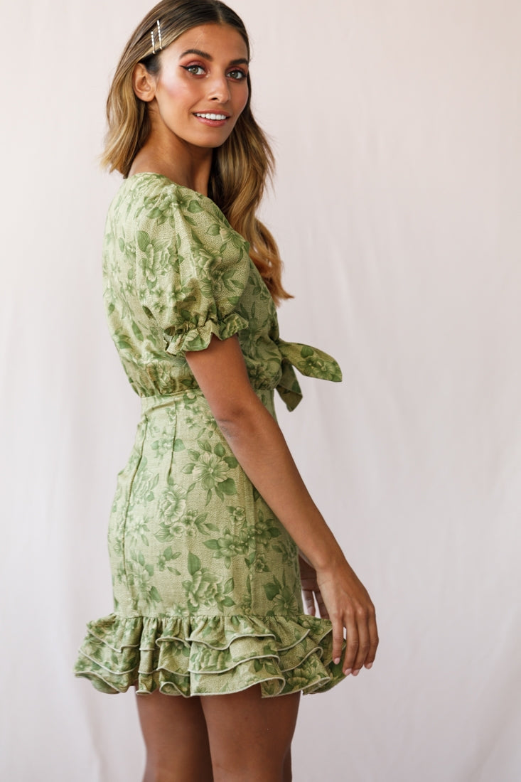 Amy Bust Tie Puff Sleeve Dress Olive by Selfie Leslie