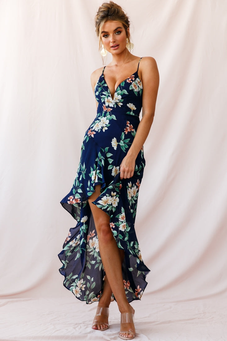 Imelda V-Neckline High-Low Hem Dress Navy by Selfie Leslie