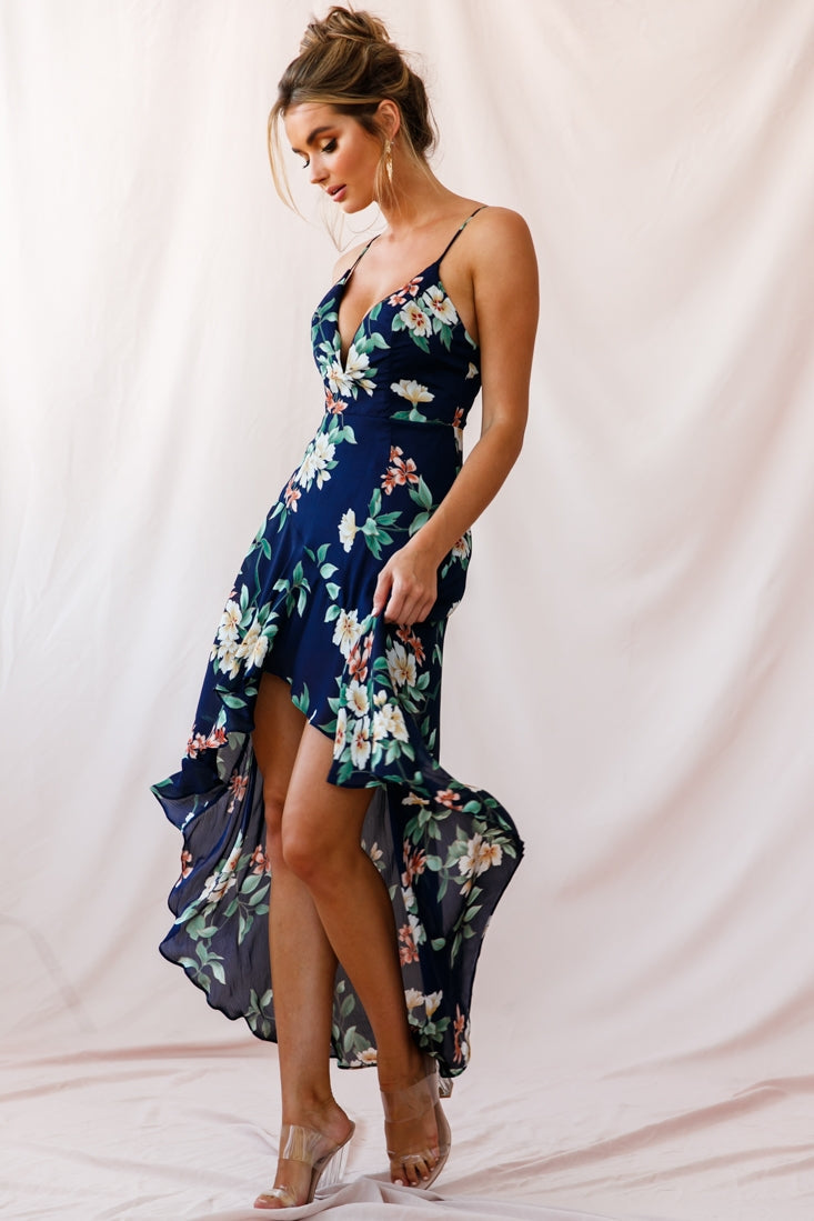 Imelda V-Neckline High-Low Hem Dress Navy by Selfie Leslie