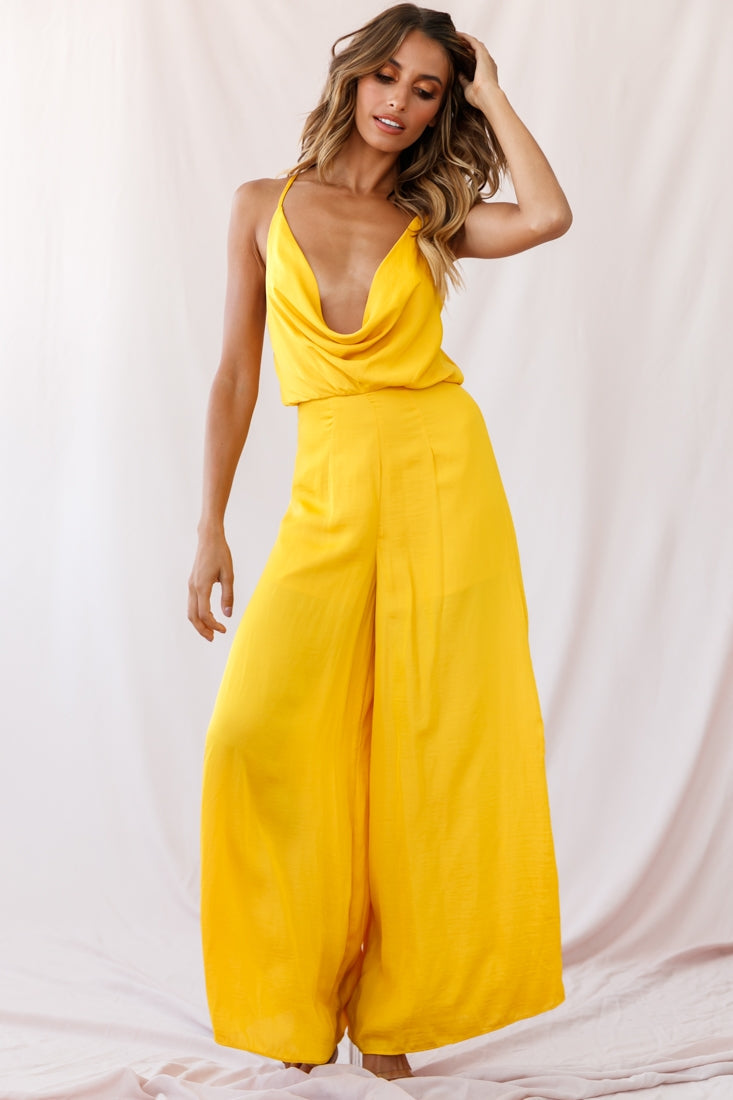 Jaclyn Wide-Leg Cowl Neck Jumpsuit Mustard by Selfie Leslie
