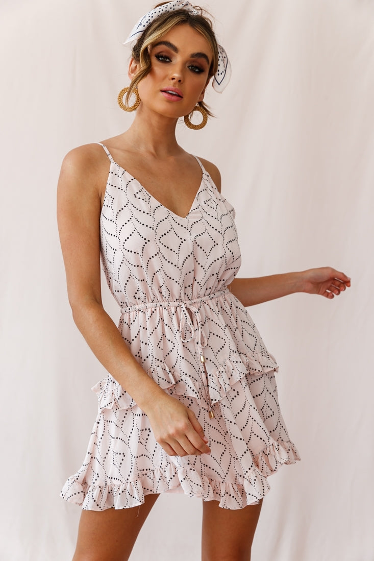 Provence Frill Trim Drawstring Waist Dress Polka Dot Print Blush by Selfie Leslie