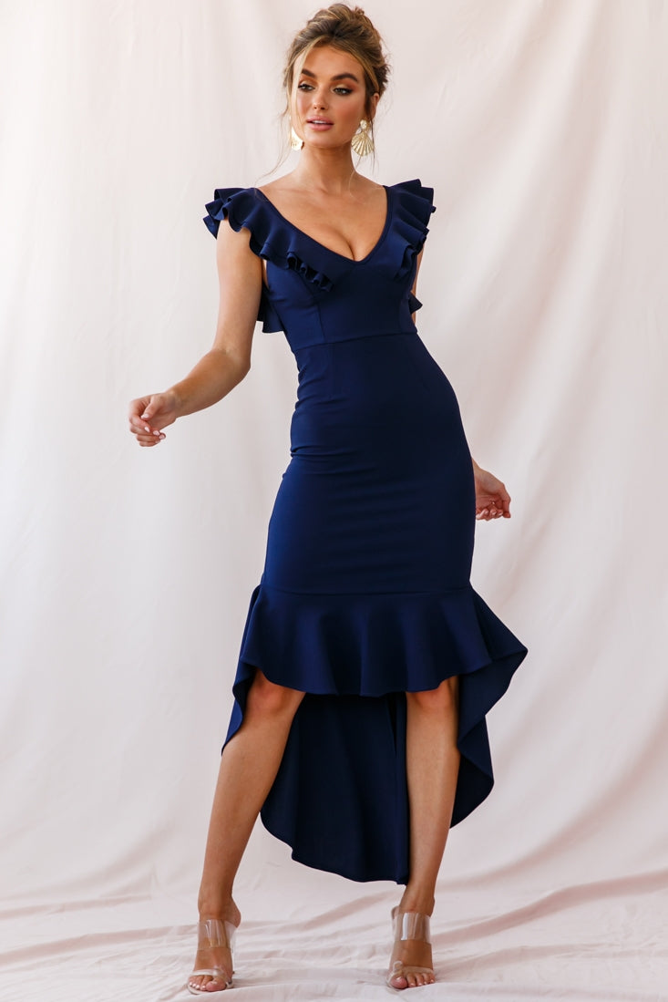 Pearl Ruffle Strap High-Low Hem Dress Navy by Selfie Leslie