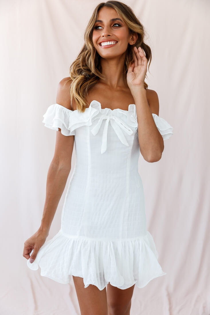 Heaven Bardot Neckline Ruffle Trim Dress White by Selfie Leslie