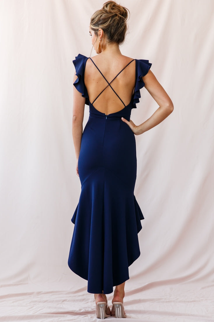 Pearl Ruffle Strap High-Low Hem Dress Navy by Selfie Leslie