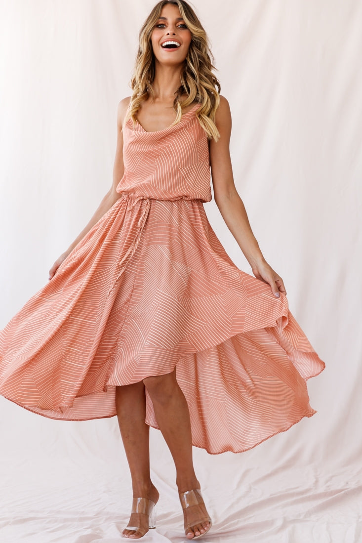 Ava Cowl Neck Drawstring Midi Dress Line Print Nude by Selfie Leslie