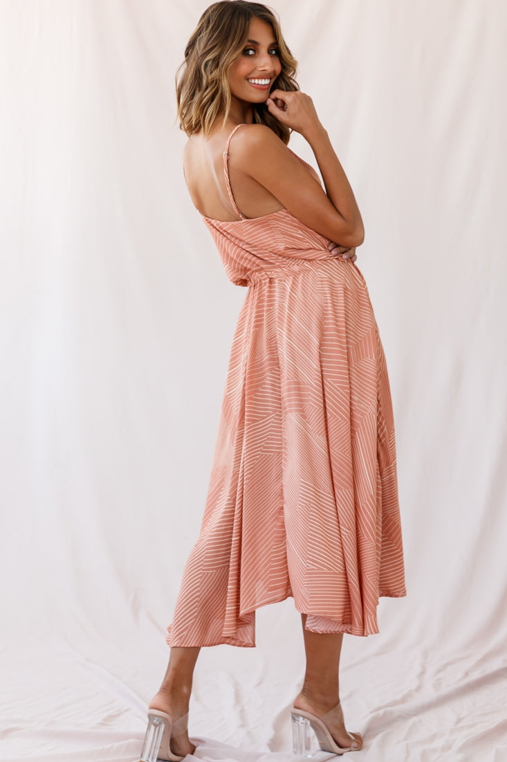 Ava Cowl Neck Drawstring Midi Dress Line Print Nude by Selfie Leslie